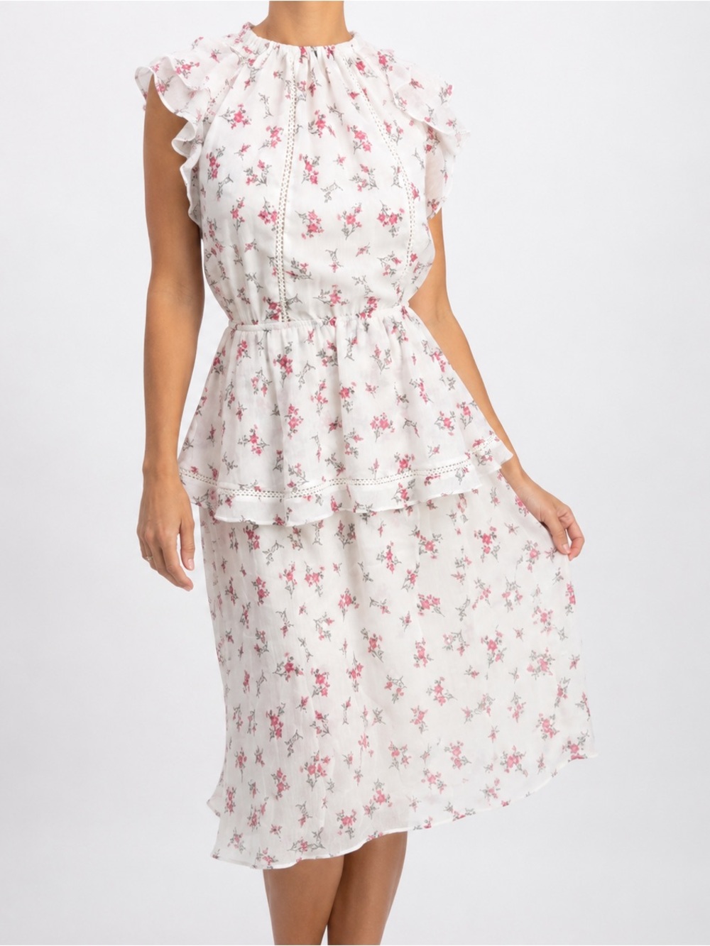 Ruffle Tiered Sheer Floral Spring Garden Midi Dress by J.O.A. White Size XS